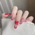 Uñas postizas hechas a mano en forma de ataúd con lazo rojo y diseño francés elegante. - Estilo 1 (SFJP2097-B3) / Tipo con Pegamento de Gelatina