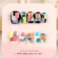 Colorful patch design press-on nails short trapezoid handmade fake nails 10pcs set - S / Multicolor Splicing Paper Card
