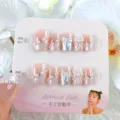 Uñas postizas hechas a mano con lazo y perlas, 10 piezas de arte de uñas rosa para uso diario. - XS / Modelo de Gel de Gelatina con Tarjeta de Papel