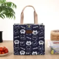 Dark blue canvas bento lunch bag with cute panda and cat print, portable thermal tote. - Blue Panda