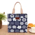 Japanese style canvas lunch bag cute cat pattern handbag portable small storage tote bag - Blue Cat Motif