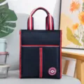 Insulated lunch bag with thick aluminum foil, durable blue tote bag with red stripe for office school. - L / Dark Blue