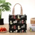 Cute canvas lunch bag for women, Japanese style portable bento tote bag with lovely cat print. - Black Floral Cat