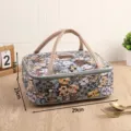 Canvas insulated lunch bag with cute cat print, portable bento handbag for students. - Floral Cat on Blue Background