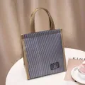 Thickened insulated lunch bag with stylish blue stripes and convenient brown handles. - S / Dark Blue