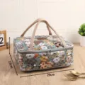 Canvas insulated lunch bag with cute cat pattern, portable bento box holder for students. - Green Little Cat
