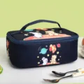 Cute cartoon insulated lunch bag for students, dark blue rectangular bento box tote bag. - Bear and Rabbit