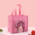 Cute pink insulated lunch bag with cartoon bear, portable thermal meal bag for daily use. - Strawberry Milk Tea Bear