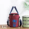 Round insulated lunch bag with shoulder strap, thickened waterproof bento tote for daily use. - S / Red