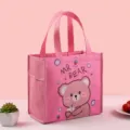 Pink insulated lunch bag for women and students waterproof bento tote bag with cute bear - Pink Milk Tea Bear