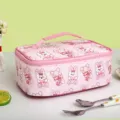 Pink cartoon insulated lunch bag, portable rectangle bento storage container with cute rabbit print. - Heart Rabbit