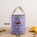 Round insulated lunch bag with cute cat pattern, purple portable bento bag, 20x16cm - S / Purple Floral Cat