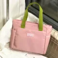 Roze stoffen shopper tas met groene handvatten, stijlvolle handtas voor werk en lunch. - 0908 Roze