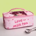 Pink insulated lunch bag with cute bear pattern, portable bento handbag for school or office. - Pink Milk Tea Bear