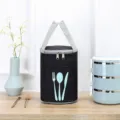 Round insulated lunch bag waterproof oxford bento handbag thermal food container for work - M / Black