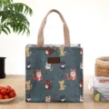 Canvas cute cat print lunch bag portable small handbag aesthetic thermal food storage bag - Blue Cat Eating Fish