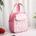 Pink insulated lunch bag for women and kids cute rabbit bento tote bag with mesh pocket - Pink Happy Rabbit