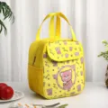 Yellow insulated lunch bag with cute cartoon bear print, thickened aluminum foil portable tote. - Yellow Milk Tea Bear