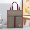 Insulated lunch bag with thick aluminum foil lining, striped tote design for daily meals. - L / Khaki