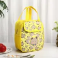 Yellow Cute Bear Print Insulated Lunch Bag Cute Bento Handbag with Mesh Pockets for Students - Yellow Gentleman Bear