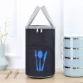 Insulated lunch bag, black cylindrical portable thermal food container with cutlery print. - L / Black
