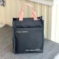 Black multi-layer thickened tote bag with contrast pink handles, student commuting handbag. - 808 Grey Letters