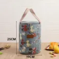 Japanese round thermal lunch bag for office workers, insulated thick aluminum foil bento tote. - M / Blue Floral Cat