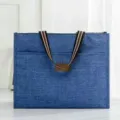 Waterproof canvas student tote bag blue lunch box document handbag with striped handles - Blue Large