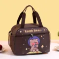Brown insulated lunch bag with cute astronaut bear print, large capacity, durable and waterproof. - Coffee Planet Bear