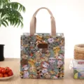 Canvas Lunch Bag Cute Cartoon Cat Print Tote Bag Insulated Handbag for Women Daily - Green Little Cat