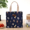 Cute canvas lunch bag for women, Japanese style tote with adorable cat print and sturdy handles. - Dark Blue Many Cats