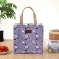 Cute Japanese canvas lunch bag for women, portable bento storage bag with lovely cat print. - Purple Kitten