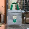 Bolsa de Almuerzo de Lona Gris Bolso Tote con Asas Verdes y Estampado de Oso Escolar - Oso de peluche / Gris