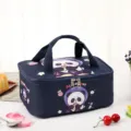 Insulated lunch bag with cute panda pattern, durable portable tote box for students. - Navy Panda