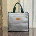 Borsa per pranzo in tela semplice, grande capacità bento borsetta, grigio con manici verdi. - Targhetta grigia
