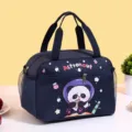Waterproof insulated lunch bag for kids, cute panda astronaut print portable tote handbag. - Navy Panda