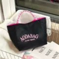 Zwarte nylontas met roze handvatten, grote casual handtas voor dagelijks werk, winkelen en reizen. - Klein (3016) / Zwart