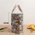 Insulated lunch bag round canvas portable storage container with cute cat print and front pocket. - M / Green Little Cat