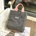 Grey bento lunch bag with pink handles, portable tote storage bag for student and office work. - 0905 Grey