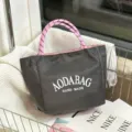 Casual large capacity tote bag with pink rope handles, stylish dark grey shoulder bag for women. - Small (3016) / Gray