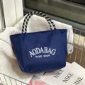 Blue large capacity canvas tote bag with black and white checkered handles for daily work. - Small (3016) / Blue