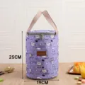 Cylindrical insulated lunch bag with cute cat pattern, thick aluminum foil thermal cooler tote. - M / Purple Floral Cat