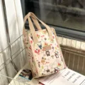 Leuke canvas lunchtas met bosdierenprint en dubbele handvatten voor dagelijks gebruik. - Beige Dierentuin