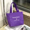 Paarse gegrilde canvas tote tas met letterprint, grote handtas voor forenzen. - Klein (9597) / Paars