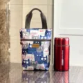 Waterproof cartoon cat print handbag portable water cup bag for daily outdoor use. - 9589 Blue Unique Tail Cat