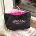Black nylon tote bag with pink rope handles and bold inner lining for daily commute. - Large (3017) / Black