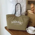 Olijfgroene canvas shopper tas met zwart-witte touw handvat grote capaciteit casual tas - 769 Groot mosterdgroen