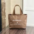 Brown grid canvas tote bag with letter print, casual large capacity commuting handbag for women. - Large (9598) / Coffee