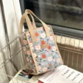 Insulated lunch bag for women, waterproof thermal bento cooler handbag with cute bear print. - Green Floral Bear Head