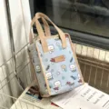 Blue cute bear mushroom canvas lunch bag insulated waterproof bento handbag for office. - Lake Blue Mushroom Bear